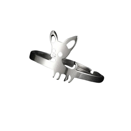 Bijoux Chihuahua : bague ajustable en argent, style alliance, motif chihuahua en relief, parfait pour les amoureux des petits chiens - vue de face