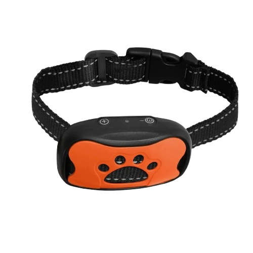 Collier pour Chihuahua anti aboiements noir et motif patte orange. Tendance, pour offrir confort et sécurité à votre petit chien ou chat