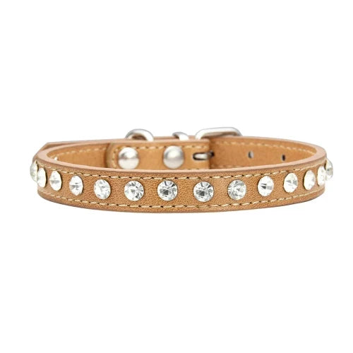 Collier pour Chihuahua marron clair en cuir avec des strass / diamants. Tendance, pour offrir confort et sécurité à votre petit chien ou chat
