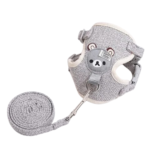 Collier pour Chihuahua avec harnais et laisse gris motifs nounours. Elégant, pour offrir confort et sécurité à votre petit chien ou chat