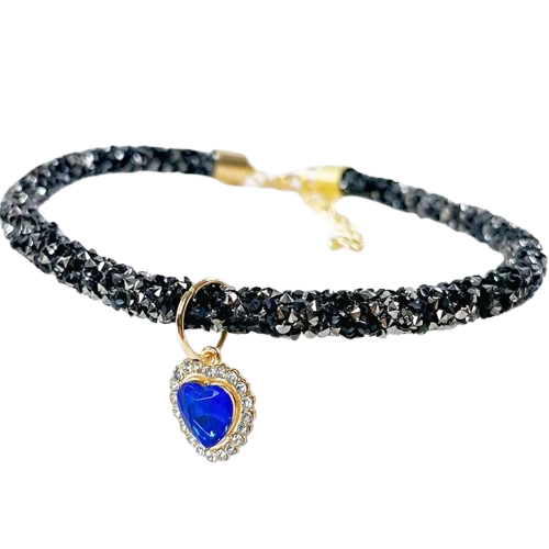 Collier pour Chihuahua strass et paillettes noir et bleu avec un coeur. Élégant, pour offrir confort et sécurité à votre petit chien ou chat