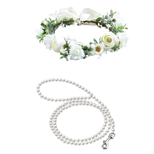 Collier pour Chihuahua en fleurs blanches et sa laisse en perles blanches. Tendance, pour offrir confort et sécurité à votre petit chien ou chat