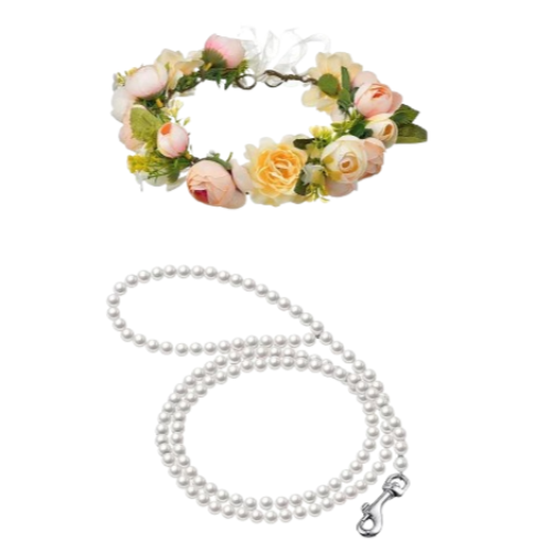Collier pour Chihuahua en fleurs jaunes et sa laisse en perles blanches. Tendance, pour offrir confort et sécurité à votre petit chien ou chat