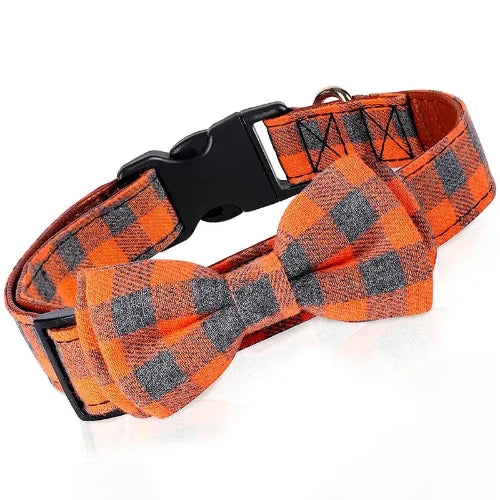 Collier pour Chihuahua avec noeud papillon de couleur orange et gris à carreaux, confortable pour votre petit chien ou chat