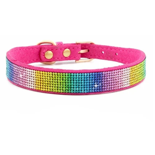 Collier pour Chihuahua en cuir rose fushia avec strass / paillettes multicolores, pour offrir confort et sécurité à votre petit chien ou chat