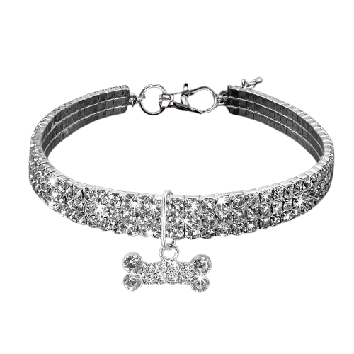 Collier pour Chihuahua avec diamants blancs et un pendentif motif os. Tendance, pour offrir confort et sécurité à votre petit chien ou chat
