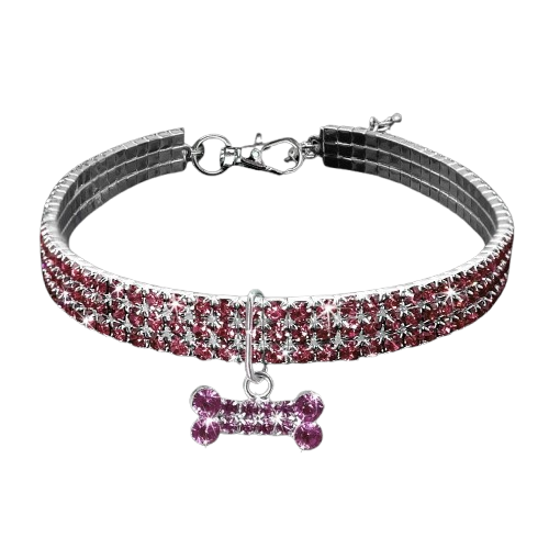 Collier pour Chihuahua avec diamants roses et un pendentif motif os. Tendance, pour offrir confort et sécurité à votre petit chien ou chat