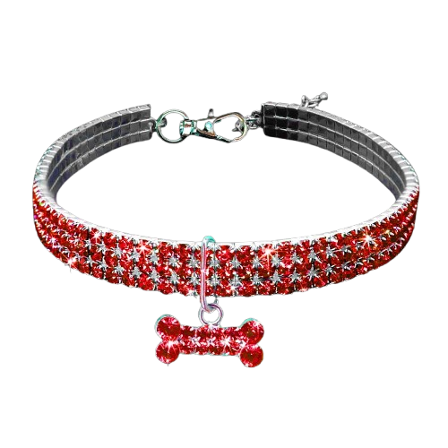 Collier pour Chihuahua avec diamants rouges et un pendentif motif os. Tendance, pour offrir confort et sécurité à votre petit chien ou chat