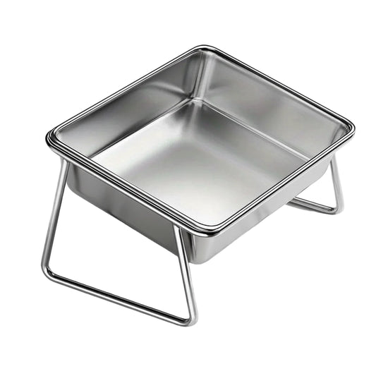 Grand bac en inox sur support incliné. Gamelle adaptée à tous les petits chiens et les chats. Vendue sur la boutique Mon Petit Chihuahua.