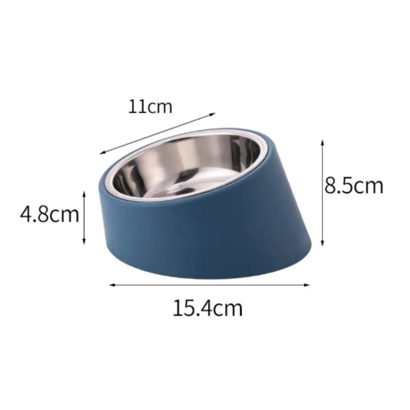 Gamelle en inox , avec support en plastique inclinΓ©. AdaptΓ©e aux petits chiens et aux chats. Vendue sur la boutique Mon Petit Chihuahua. Vue des dimensions