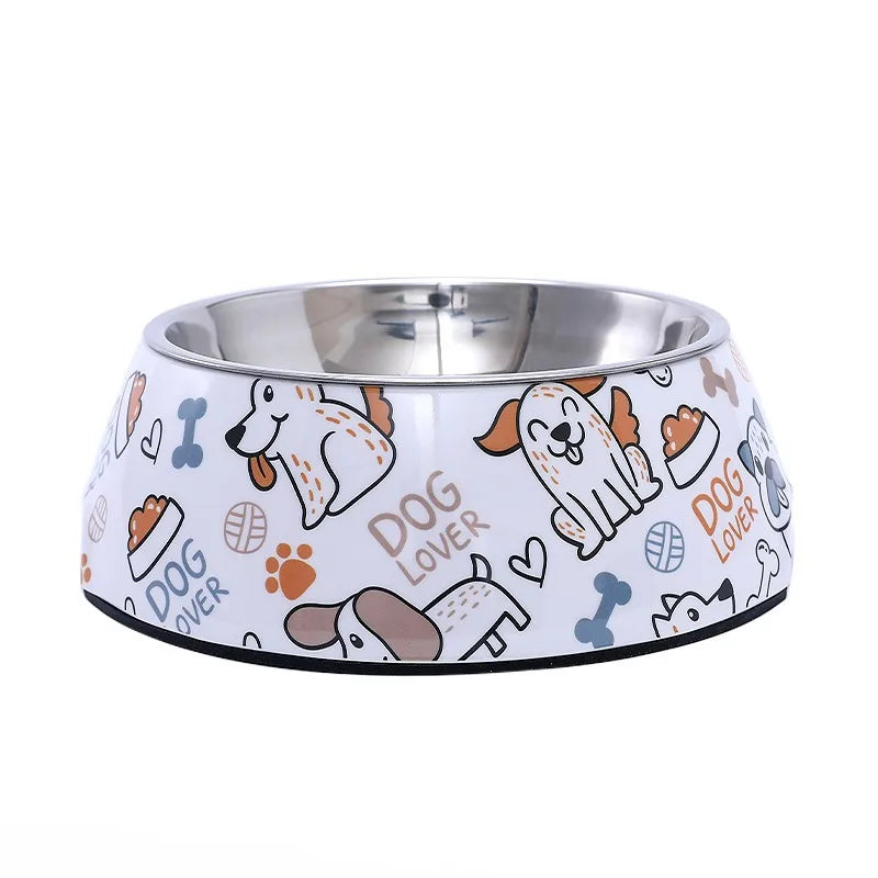 Gamelle en inox avec des motifs chiens, adaptΓ©e aux petits chiens et aux chats. Vendue sur la boutique Mon Petit Chihuahua. Couleur blanche avec motifs