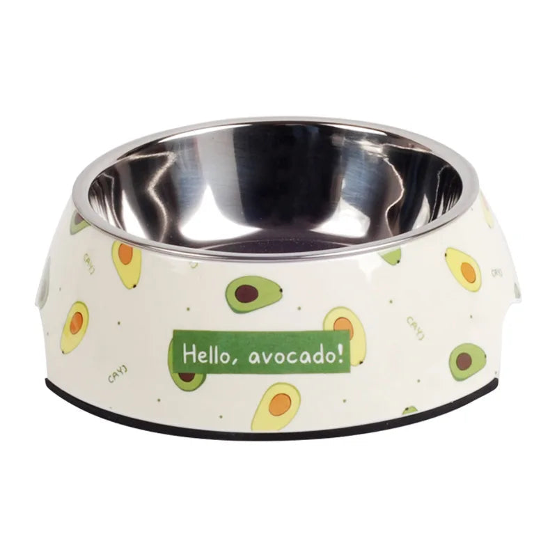 Gamelle Chien Inox beige motifs Avocats adaptée aux petits chiens et aux chats. Vendue sur la boutique Mon Petit Chihuahua.