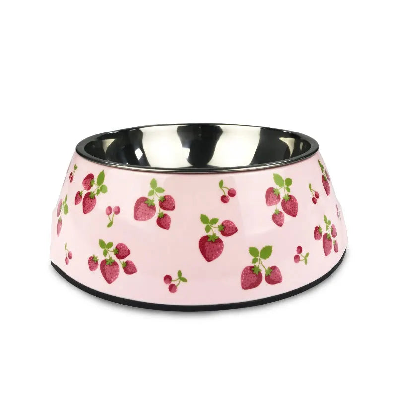 Gamelle Chien Inox rose motifs Fraises adaptée aux petits chiens et aux chats. Vendue sur la boutique Mon Petit Chihuahua.