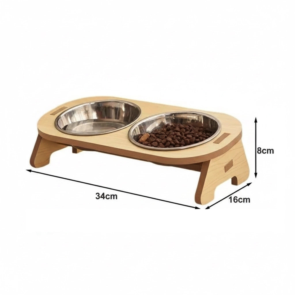 Gamelle double compartiment, pour croquettes et eau. AdaptΓ©e Γ tous les petits chiens et les chats. Support en bois. Vendue sur la boutique Mon Petit Chihuahua. Vue des dimensions