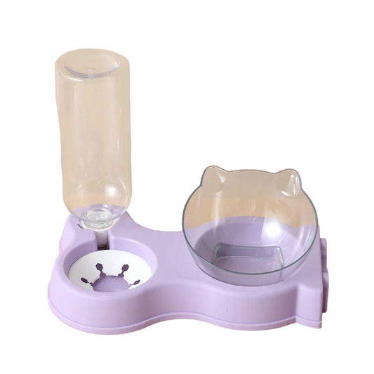 Gamelle double compartiment, pour croquettes et eau. En plastique résistant, couleur violet. Adaptée à tous les petits chiens et les chats. Vendue sur la boutique Mon Petit Chihuahua.