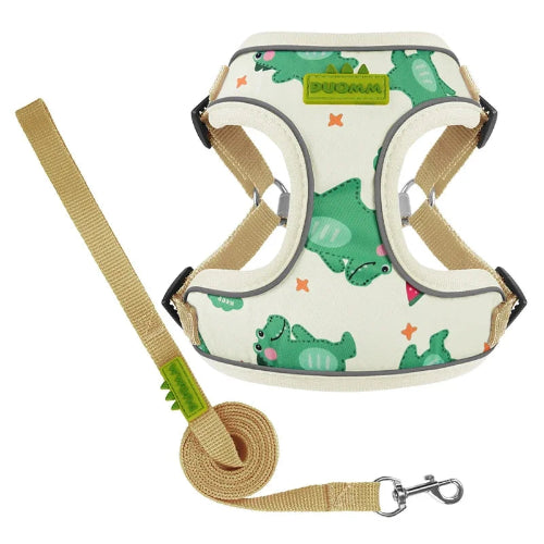 Harnais beige avec motifs crocodiles pour chiens. Vendu avec sa Laisse assortie. Confortable, convient aux petits chiens, chihuahuas, ou aux chats. Vendu dans la boutique « Mon Petit Chihuahua »