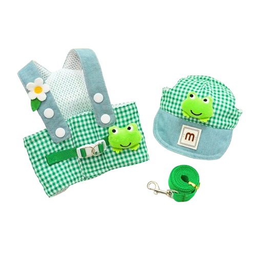 Harnais vert et bleu avec motif grenouille pour petit chien avec casquette et laisse assortie. Confortable, convient aux petits chiens, chihuahuas, ou aux chats.