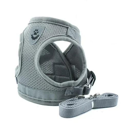 Harnais gilet rรฉflรฉchissant gris pour petit chien avec sa laisse assortie. Confortable, convient aux petits chiens, chihuahuas, ou aux chats.