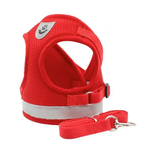 Harnais : gilet rรฉflรฉchissant rouge pour petit chien avec sa laisse assortie. Confortable, convient aux petits chiens, chihuahuas, ou aux chats.