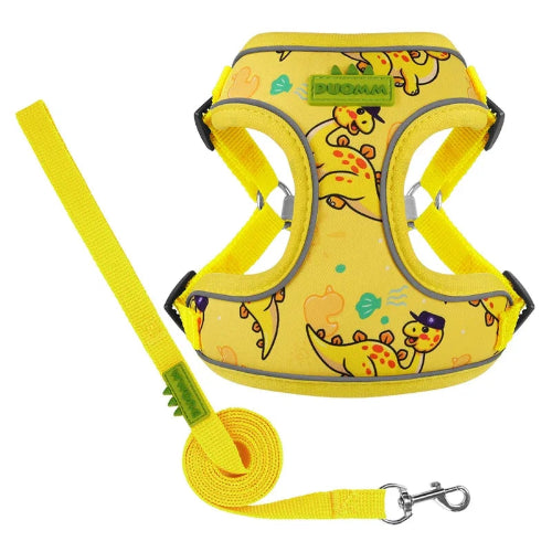 Harnais jaune avec motifs dinosaures pour chiens. Vendu avec sa Laisse assortie. Confortable, convient aux petits chiens, chihuahuas, ou aux chats. Vendu dans la boutique « Mon Petit Chihuahua »