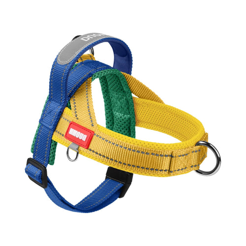 Harnais résistant bleu et jaune pour chiens. Confortable, convient aux petits chiens, chihuahuas, ou aux chats. Vendu dans la boutique « Mon Petit Chihuahua »