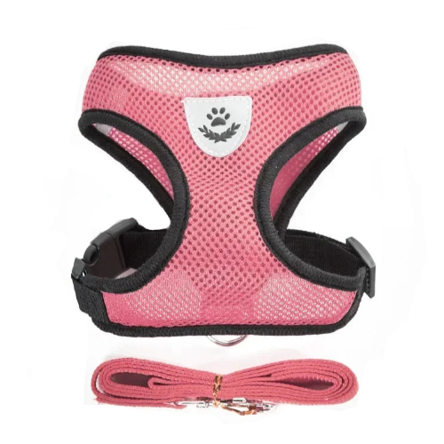 Harnais rose clair et noir et sa laisse assortie pour petit chien. Réglable et confortable, convient aux petits chiens, chihuahuas, ou aux chats.