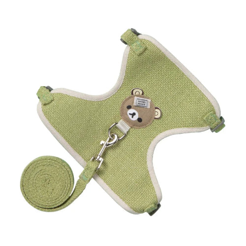 Harnais vert avec motif nounours et sa laisse assortie pour petit chien. Rรฉglable et confortable, convient aux petits chiens, chihuahuas, ou aux chats.