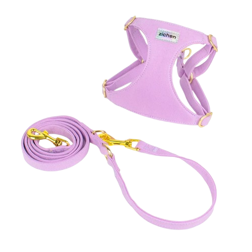 Harnais violet et doré pour chiens. Vendu avec sa Laisse assortie. Confortable, convient aux petits chiens, chihuahuas, ou aux chats. Vendu dans la boutique « Mon Petit Chihuahua »