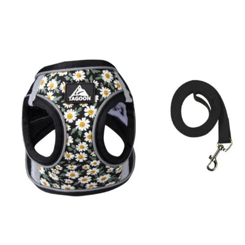 Harnais noir rรฉsistant avec motifs pรขquerettes pour chiens. Vendu avec avec sa laisse assortie. Confortable, convient aux petits chiens, chihuahuas, ou aux chats.