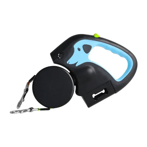 Double laisse rétractable bleue ciel et noire pour deux chiens. Pratique, convient aux petits chiens, chihuahuas, ou aux chats. Vendu dans la boutique « Mon Petit Chihuahua »