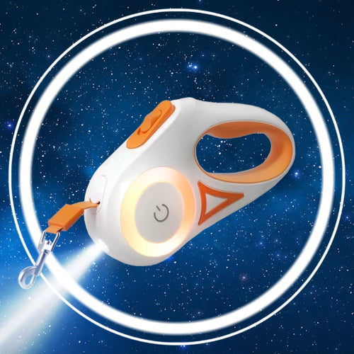 Double Laisse rétractable orange et blanche avec éclairage LED pour chiens. Pratique, convient aux petits chiens, chihuahuas, ou aux chats. Vendu dans la boutique « Mon Petit Chihuahua »