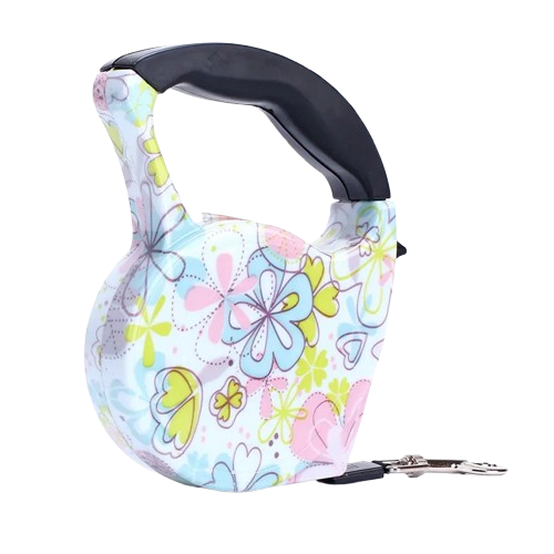 Laisse rétractable blanche avec motifs Fleurs pour chiens. Pratique, convient aux petits chiens, chihuahuas, ou aux chats. Vendu dans la boutique « Mon Petit Chihuahua »