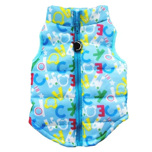 Manteau pour Chihuahua : doudoune bleue motifs alphabet β Confortable, parfait pour protΓ©ger votre petit chien ou chat pendant les promenades