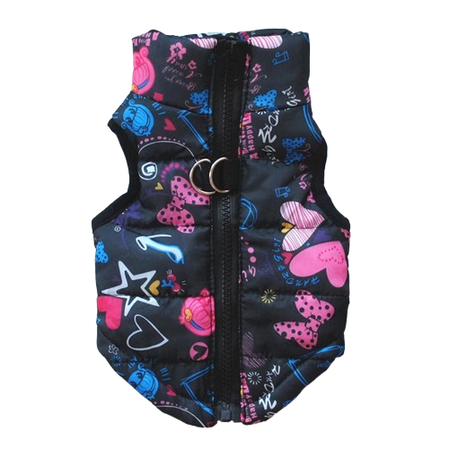 Manteau pour Chihuahua : doudoune noir et rose motifs colorés – Confortable, parfait pour protéger votre petit chien ou chat pendant les promenades