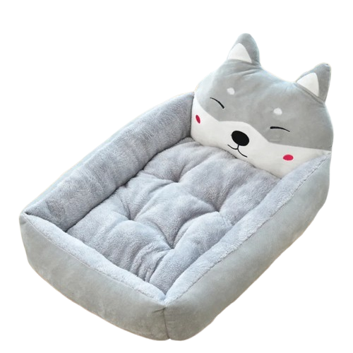Niche grise style paniΓ¨re avec tΓͺte de shiba pour Chihuahua β Confort maximal avec intΓ©rieur moelleux, parfait pour les petits chiens ou chats