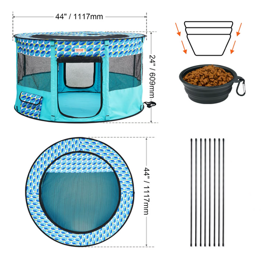 Niche pour Chihuahua : Parc pliable ronde bleu avec toit. Pratique pour rassurer votre petit chien ou chat lors de vos voyages avec une niche qu'il connait. Détail des dimensions