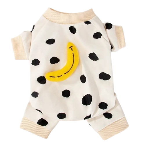 Pyjama blanc avec tâches et banane brodée pour Chihuahua – Idéal pour garder votre petit chien ou chat au chaud pendant la nuit