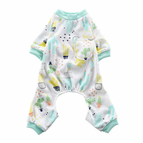 Pyjama blanc et bleu avec motifs cactus pour Chihuahua – Confortable, idéal pour garder votre petit chien ou chat au chaud pendant la nuit