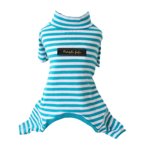 Pyjama bleu clair à rayures blanches pour Chihuahua – Confortable et chaud, idéal pour garder votre petit chien ou chat au chaud pendant la nuit