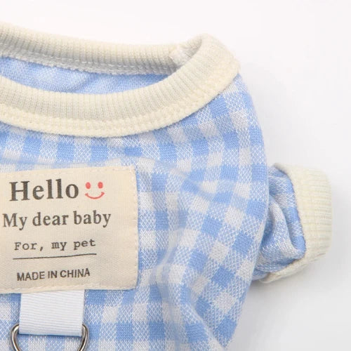 Pyjama à carreaux bleu et blanc pour Chihuahua – Idéal pour garder votre petit chien ou chat au chaud pendant la nuit - zoom sur la manche