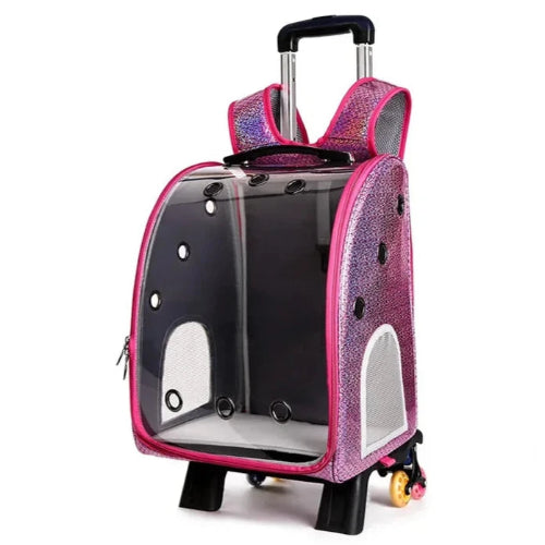 Sac à dos rose et bulle transparente pour transporter votre Chihuahua - avec roulettes pour emmener votre petit chien ou chat - vue de côté