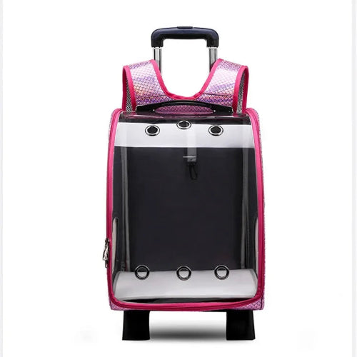 Sac à dos rose et bulle transparente pour transporter votre Chihuahua - avec roulettes pour emmener votre petit chien ou chat - vue de face