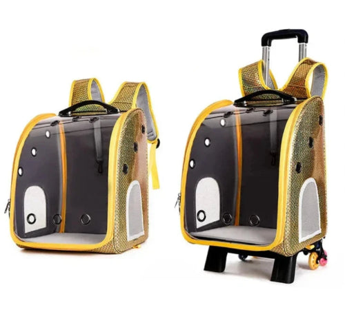 Sac à dos jaune et bulle transparente pour transporter votre Chihuahua - avec roulettes pour emmener votre petit chien ou chat