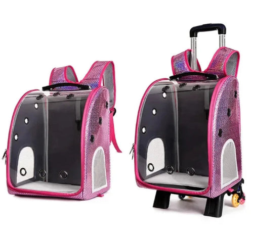 Sac à dos rose et bulle transparente pour transporter votre Chihuahua - avec roulettes pour emmener votre petit chien ou chat