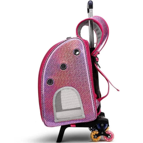 Sac à dos rose et bulle transparente pour transporter votre Chihuahua - avec roulettes pour emmener votre petit chien ou chat - vue de côté