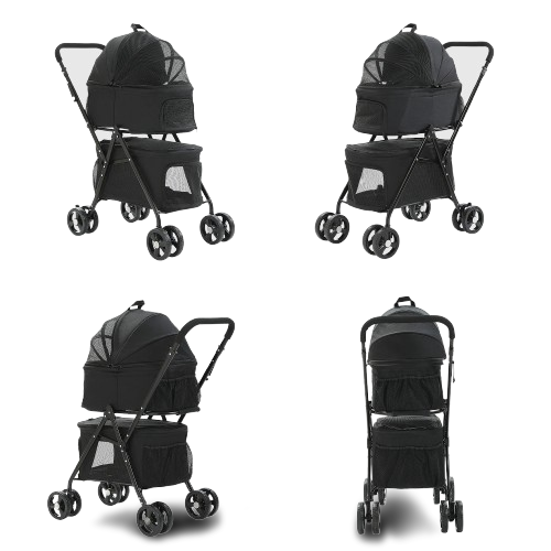 Poussette pliable double noire pour Chihuahua avec roues tout-terrain – Pour transporter votre petit chien ou chat facilement lors de vos sorties