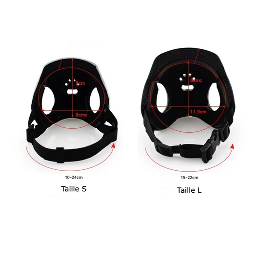 Casque intégral pour petit chien. Pour la moto ou le vélo. Avec motifs oreilles. Vendu sur la boutique Mon Petit Chihuahua. Convient aussi aux Chats. Vue des dimensions