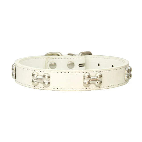 Collier pour Chihuahua en cuir blanc avec motifs os. Résistant pour offrir confort et sécurité à votre petit chien ou chat