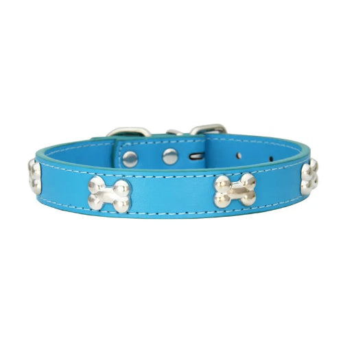 Collier pour Chihuahua en cuir bleu clair avec motifs os. Résistant pour offrir confort et sécurité à votre petit chien ou chat