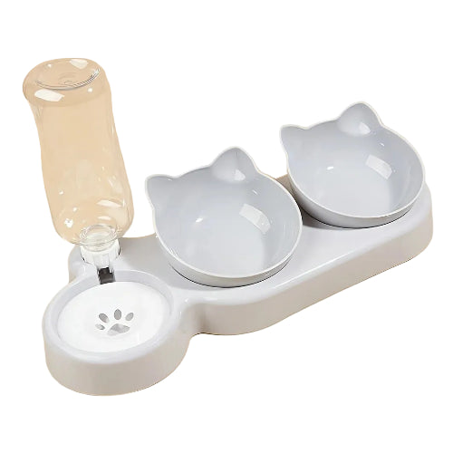 Gamelle triple gris avec rΓ©servoir d'eau et deux gamelles pour les croquettes et les pΓ’tΓ©s pour un petit chien. Vendue sur la boutique Mon Petit Chihuahua. Convient aussi aux chats.